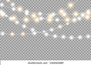 Yellow christmas lights isolated realistic design elements.Christmas lights isolated on transparent background. Xmas glowing garland. Vector illustration.