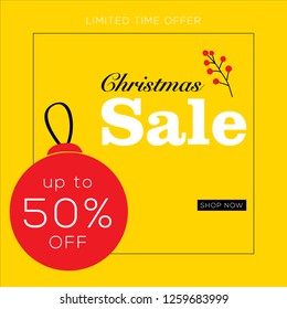 Yellow christmas sale banner design. Gift card. Christmas poster, voucher, greeting card. Web banner. Holidays  banner template. Vector illustration.