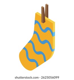 Yellow christmas sock with a blue wave pattern hanging and waiting to be filled with gifts