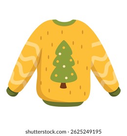 Yellow christmas sweater featuring a decorated green tree, a festive and cozy garment for the holiday season