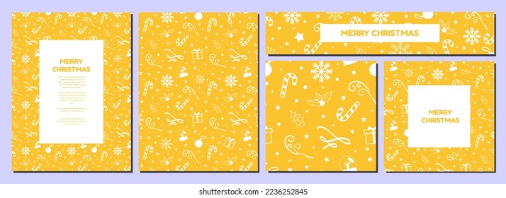 Yellow  Christmas Template Designs with white Christmas element patterns. Candy cane, wreath, ribbons, snowflakes. Poster, Banner, Card, header, pattern. Editable Vector Illustration. EPS 10.