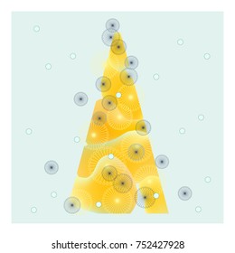 Yellow Christmas Tree with Black Circles. Christmas Holiday Illustration for Poster, Post Card, Celebration.