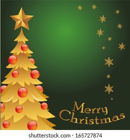 a yellow christmas tree with red decoration in a green background