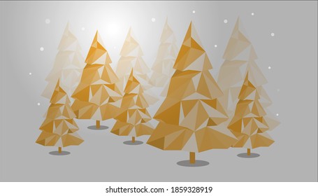 Yellow Christmas trees from triangles on a light gray background and snow for prints, wrapping paper, fabric. Vector illustration of Christmas.