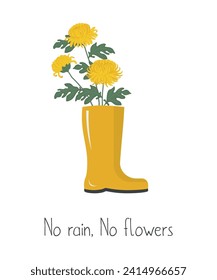 Yellow chrysanthemums with green leaves in yellow rain boot. Autumn yellow flowers. No rain, no flowers concept. Fall floral composition. Vector illustration on white