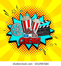 Yellow cinema banner template. Concept of movie watching symbol with pop corn, tickets and 3d glasses. Vector Illustration in Pop Art Style.