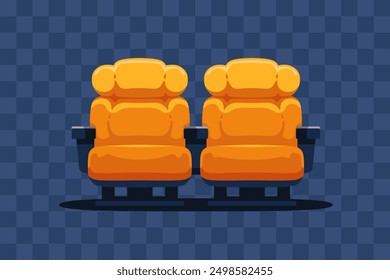 Yellow cinema chairs isolated. Front view. Rows of seats, red cinema chairs. Movie theatre. Flat style cartoon design. Simple cartoon background. Vector eps10 illustration.