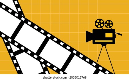 Yellow cinema movie background with film strip and camera vector design