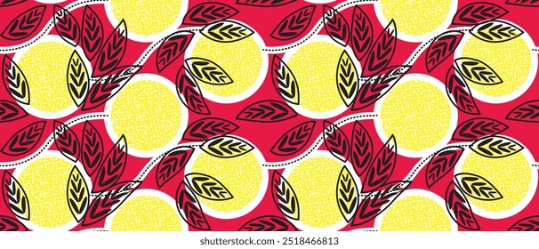 Padrão de tecido africano círculo amarelo em um fundo vermelho.Padrão abstrato, design de folha em estilo africano, cores vibrantes, usado para roupas, padrão de tecido sem costura.Padrão de tecido bonito