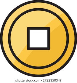 A yellow circle with a black border and a white square in the center