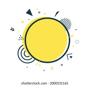 Yellow circle and black frame in flat style. Memphis art banner with abstract geometric shapes. Outline sticker with place for promotion text, price tag, sale ad. Vector card on white background