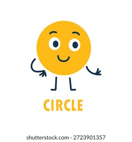 Personagem de desenho animado de círculo amarelo com rosto sorridente, braços e pernas. Projeto vetorial geométrico divertido para aprendizagem de matemática infantil e cartazes