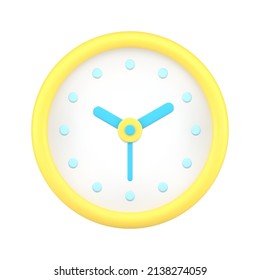 Yellow circle clock 3d icon vector illustration. Rounded analog watch for time management checking isolated. Daily timer reminder important meeting and cases