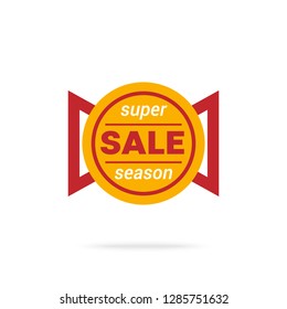Yellow circle decorated with two red triangles and super season sale writing 