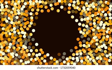 Yellow Circle Effect Brown Dark Background. Holiday Shine Illustration. Gold Polka Abstract Invitation. Rain Paper Wallpaper.