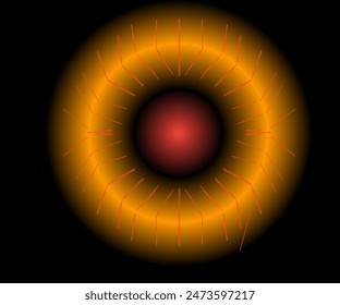 Yellow circle gradient wallpaper design with fiery red color in the middle of red stripe black background