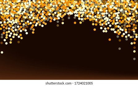 Yellow Circle Light Brown Dark Background. Art Confetti Invitation. Golden Sparkle Bright Banner. Round Christmas Postcard.