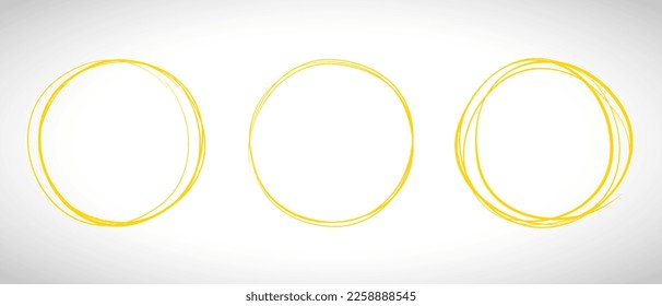 Línea de círculo amarillo dibujada a mano. Resaltar el círculo de dibujo a mano aislado en el fondo. Círculo redondo escrito a mano. Para marcar texto, nota, icono de marca, número, lápiz de marcadores, revisión de lápiz y texto, vector