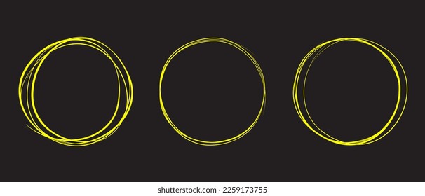 Yellow circle line hand drawn set. Highlight hand drawing circle isolated on background. Round handwritten circle. For marking text, note, mark icon, number, marker pen, pencil and text check, vector