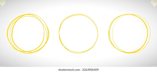 Línea de círculo amarillo dibujada a mano. Resaltar el círculo de dibujo a mano aislado en el fondo. Círculo redondo escrito a mano. Para marcar texto, nota, icono de marca, número, lápiz de marcadores, revisión de lápiz y texto, vector