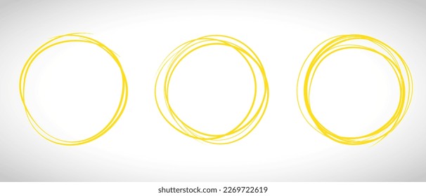 Yellow circle line hand drawn set. Highlight hand drawing circle isolated on background. Round handwritten circle. For marking text, note, mark icon, number, marker pen, pencil and text check, vector