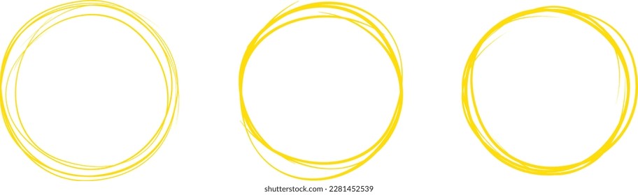 Yellow circle line hand drawn set. Highlight hand drawing circle isolated on background. Round handwritten circle. For marking text, note, mark icon, number, marker pen, pencil and text check, vector