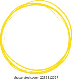 Yellow circle line hand drawn. Highlight hand drawing circle isolated on background. Round handwritten circle. For marking text, note, mark icon, number, marker pen, pencil and text check, vector