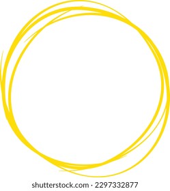 Yellow circle line hand drawn. Highlight hand drawing circle isolated on background. Round handwritten circle. For marking text, note, mark icon, number, marker pen, pencil and text check, vector