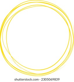 Yellow circle line hand drawn. Highlight hand drawing circle isolated on background. Round handwritten circle. For marking text, note, mark icon, number, marker pen, pencil and text check, vector