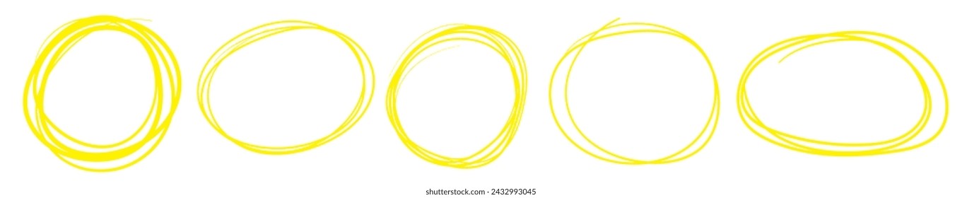 Yellow circle line hand drawn set. Highlight hand drawing circle isolated on background. Round handwritten circle. For marking text, note, mark icon, number, marker pen, pencil and text check, vector