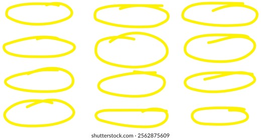 Yellow circle line hand drawn set. Highlight hand drawing circle isolated on background. 
