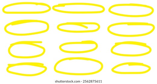 Yellow circle line hand drawn set. Highlight hand drawing circle isolated on background. 