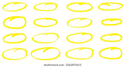 Yellow circle line hand drawn set. Highlight hand drawing circle isolated on background. 
