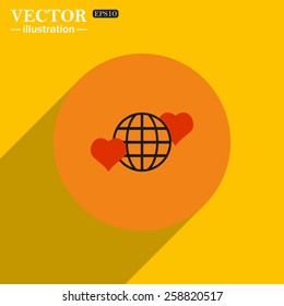 Yellow circle on a yellow background with shadow  Icon planet and two red hearts. Symbol of love between the nation. Globe.  vector illustration, EPS 10 