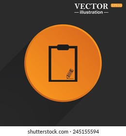 Yellow circle on a black background with a shadow, tablet with paper, vector illustration, EPS 10