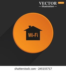 Yellow circle on a black background with a shadow, The house is surrounded by a network wi-fi , vector illustration, EPS 10