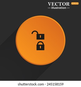 Yellow circle on a black background with a shadow, Open lock, vector, EPS 10