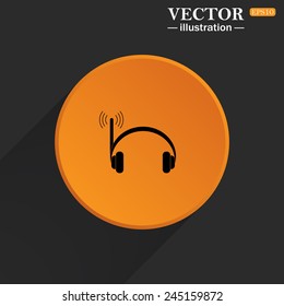 Yellow circle on a black background with a shadow, Headphones. Musical accessories running through wi-fi network,  vector illustration, EPS 10