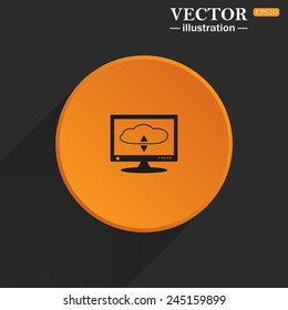 Yellow circle on a black background with a shadow, cloud storage on the computer, vector illustration, EPS 10
