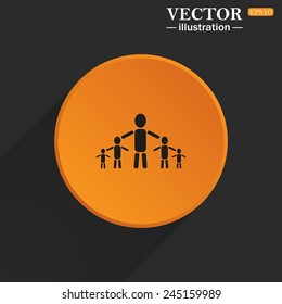 Yellow circle on a black background with a shadow, kids silhouette family , vector illustration, EPS 10