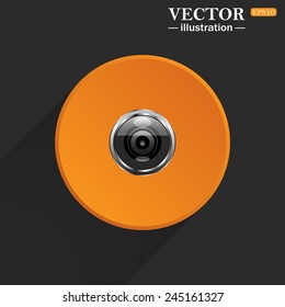Yellow circle on a black background with a shadow, camera, vector illustration, EPS 10