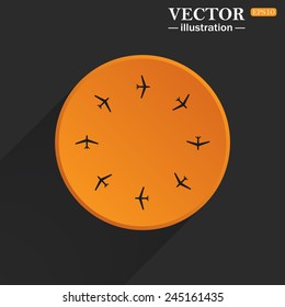 Yellow circle on a black background with a shadow, Fashion Icon Aircraft, vector illustration, EPS 10