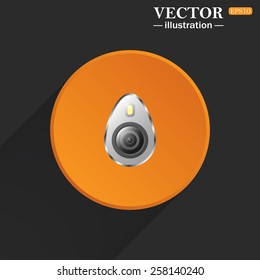 Yellow circle on a black background with a shadow. icon smartphone camera and flash, vector illustration, EPS 10