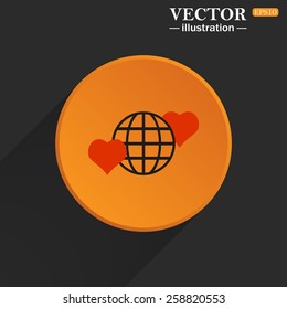 Yellow circle on a black background with a shadow.  Icon planet and two red hearts. Symbol of love between the nation. Globe.  vector illustration, EPS 10 