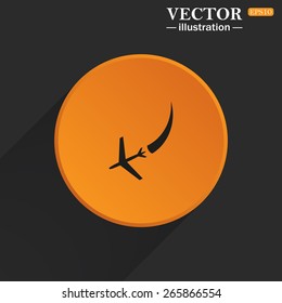 Yellow circle on a black background with a shadow.  icon plane. The plane is landing , vector illustration, EPS 10