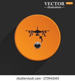 Yellow circle on a black background with a shadow. Quadrocopter. icon. vector design