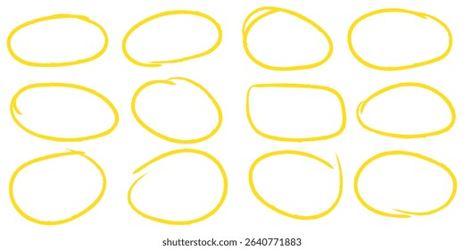 Yellow circle, pen draw. Highlight hand drawing different circles isolated on background. Bright red scribble ovals and bubbles to circle and highlight text. EPS 10