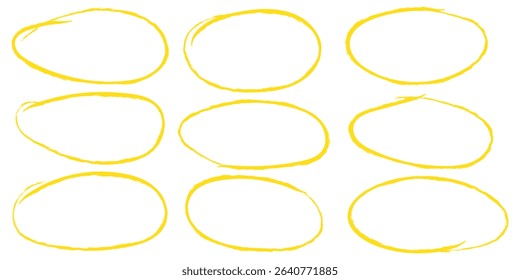 Yellow circle, pen draw. Highlight hand drawing different circles isolated on background. Bright red scribble ovals and bubbles to circle and highlight text. EPS 10