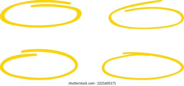 Yellow circle, pen draw set. Highlight hand drawing different circles isolated on background. Handwritten circle. For marking text, numbers, marker pen, pencil and text check, vector illustration