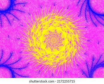El radio circular amarillo se distribuye desde el centro del fondo hasta el colorido fondo de estilo asiático abstracto.